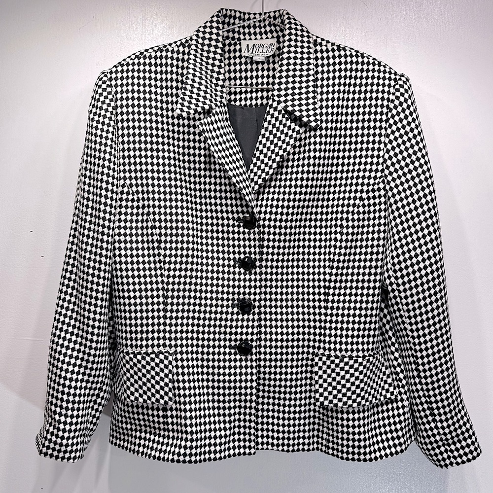Vintage Black & White Checked Blazer Button Front Notched Collar Morgan Miller